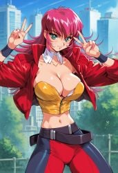 1girls 2d ai_generated big_breasts breasts city cleavage day female female_focus female_only jacket outdoors peace_sign pink_hair raika_grace red_jacket solo solo_female solo_focus tagme viper_(series) viper_f40