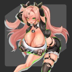 1girls arms_behind_head big_breasts big_nipples boob_window breasts cleavage erect_nipples green_eyes long_hair looking_at_viewer nipple_bulge nipples nipples_visible_through_clothing no_bra pink_hair thighhighs thighs zabutonnexactly