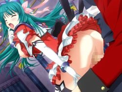 1boy 1girl 2000s_(style) aqua_hair ass ayahime_kurumi blush bow bracelet breasts breasts_out censored closed_eyes clothed_sex dress elbow_gloves female_orgasm frills game_asset gloves green_hair hair_ribbon hetero jewelry large_breasts lemmtear_theta long_hair magical_girl mahou_senshi_(series) mahou_senshi_lemmtear_knights mosaic_censoring nipples no_panties non-web_source official_art open_mouth orgasm penis pink_bow pussy_juice ribbon saitou_natsuki self-datamine sex sex_from_behind skirt solo_focus straddling thighhighs vaginal variant_set visual_novel_cg white_gloves