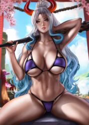 absurd_res absurdres arm_up big_breasts bikini bikini_bottom bikini_top blue_hair bra breasts busty cherry_blossoms cleavage clothed clothed_female clothing club_(weapon) cross_section dandon_fuga earrings female female_only fit fit_female hand_behind_head high_resolution highres holding_club holding_weapon hoop_earrings horns kanabou large_breasts large_filesize light-skinned_female light_skin long_hair long_ponytail looking_at_viewer one_piece oni oni_horns panties ponytail purple_clothes purple_clothing red_horns thick_thighs thighs toned toned_arms toned_body toned_female two_tone_hair underwear very_high_resolution weapon white_hair yamato_(one_piece) yellow_eyes