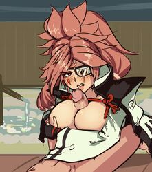 1girls baiken big_breasts big_penis boxman breast_hold breasts fellatio female guilty_gear insert_tag licking_penis light-skinned_male light_skin male outercourse paizuri penis