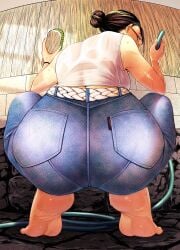 1girls andouyu ass female full_body hair_bun jeans milf short_hair solo yadori_hana