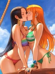 2girls ai_generated artist_request bikini black_hair boa_hancock breast_press closed_eyes female female_only french_kiss highres hourglass_figure kissing large_breasts nami one_piece orange_hair perfect_body romance slim_waist yuri