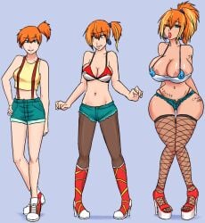 age_progression alternate_color_scheme alternate_costume alternate_hair_color alternate_hairstyle bimbofication blue_eyes body_writing breast_expansion breasts cleavage earrings female_only femsub fishnets high_heels jean_shorts jeans jewelry kasumi_(pokemon) large_breasts nintendo orange_hair piercing pokemon pokemon_(anime) short_shorts shorts suspenders tattoo text transformation xxxx52