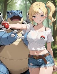 1girls 1pokemon ai_generated blastoise blonde_hair female male pokemon pokemon_(species) tagme
