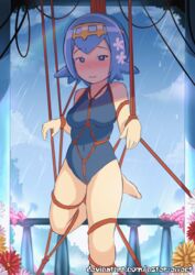 1girls animated aster-effect barefoot belly blue_eyes blue_hair blush bondage breasts clothed deviantart feet female female_only flower_in_hair hairband half-closed_eyes human lana_(pokemon) looking_at_viewer mob_face navel nintendo pokemon pokemon_sm predicament_bondage rope shiba smile staring suspension swimsuit text toes url watermark