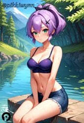 ai_generated azur_lane bangs bare_arms bare_legs bare_shoulders between_legs bikini bikini_top_only black_ribbon blue_shorts blush breasts cleavage closed_mouth collarbone cross_hair_ornament cutoffs day denim denim_shorts feet_out_of_frame female green_eyes hair_between_eyes hair_ornament hair_ribbon hand_between_legs javelin_(azur_lane) looking_at_viewer medium_breasts midriff mountain nature navel outdoors pikkiwynn ponytail purple_bikini purple_hair ribbon rock short_hair short_shorts shorts sidelocks sitting sky solo spaghetti_strap stomach swimsuit thighs tree v_arms water wet wet_hair x_hair_ornament