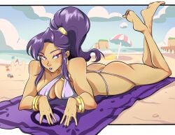 1girls ass bare_shoulders barefoot beach female fields_of_mistria juniper_(fields_of_mistria) long_hair looking_at_viewer outdoors parted_lips pewtsinbewts ponytail purple_eyes purple_hair purple_lips sling_bikini solo