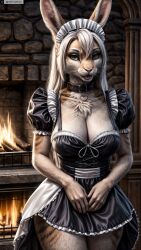 ai_generated animal_ears anthro artist_name breasts cleavage collar female female_anthro fireplace furry furry_female green_eyes hi_res high_resolution highres large_breasts long_hair looking_at_viewer maid maid_headdress photorealistic rabbit_ears realistic solo stable_diffusion twitter twitter_username watermark white_hair yiffyjiffy2 yiffyjiffy69