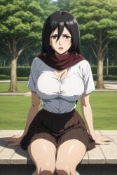 ai_generated aindroidparanoid ass attack_on_titan black_eyes black_hair breasts huge_ass huge_breasts huge_butt large_breasts long_hair mikasa_ackerman narrow_waist park red_scarf scarf school_uniform schoolgirl shingeki_no_kyojin shirt sitting skirt slim_waist stable_diffusion straight_hair white_skin