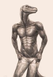 2015 abs anthro athletic claws clothed clothing erection front_view hi_res humanoid_penis klongi lizard looking_at_viewer male male_only monochrome muscular nude pecs penis reptile scales scalie simple_background solo standing topless