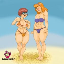 2girls abs beach beach_background bikini brown_hair curvaceous curvaceous_figure curvaceous_thighs curvy_females curvy_figure curvy_hips daphne_blake defined_muscles female glasses multiple_girls orange_bikini orange_hair purple_bikini scooby-doo scooby-doo_(series) shaved_pussy tutacamon27 velma_dinkley voluptuous voluptuous_female