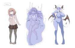 breast_expansion breasts corruption demon demon_girl fountain high_heels izumi_(artist) monster_girl pantyhose possession sketch succubus text transformation translation_request wings