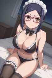 ai_generated asai_ami bare_legs big_breasts blue_eyes brown_eyes curvaceous curvy_female glasses hair_bun huge_breasts large_breasts light-skinned_female light_skin lokokabooster69 looking_up maid_bikini maid_headdress maid_outfit ponytail smiling solo_female thick_thighs thighs uzaki-chan_wa_asobitai! viewed_from_behind voluptuous voluptuous_female