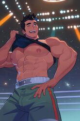 1boy abs bara bara_tits big_breasts black_hair blue_eyes boxing_ring boxing_shorts green_shorts hand_on_hip indoors little_mac male_only milkiato muscles muscular muscular_arms muscular_male nipples one_eye_closed open_mouth punch_out shirt_lift shirt_up shorts smiling standing sweating