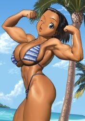 abs arung_samudra_(cessa) athletic_female beach big_ass big_breasts black_hair blue_background blue_bikini blue_bra blue_eyes blue_panties cessa curvy curvy_female curvy_figure cute dark-skinned_female dark_skin flexing flexing_arms flexing_bicep flexing_both_biceps flexing_muscles large_breasts looking_at_viewer muscle muscles muscular muscular_arms muscular_female muscular_thighs palm_tree voluptuous voluptuous_female water