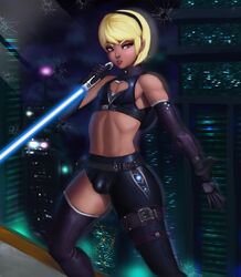 1boy 2013 androgynous bimbo blonde_hair bulge crossdressing cyberpunk dclzexon femboy girly latex latex_clothes latex_clothing latex_outfit latex_suit lightsaber male male_only skimpy skimpy_clothes trap violet_eyes