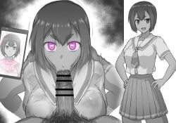:>= blowjob_face breasts fellatio femsub glowing glowing_eyes greyscale heart heart_eyes hypnotic_app instant_loss large_breasts looking_at_viewer maledom monochrome open_mouth original otoo_(izanagi) penis pink_eyes pubic_hair school_uniform short_hair skirt squatting symbol_in_eyes tan_skin tech_control text translated