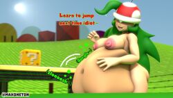 1girls 3d areola belly belly_bulge belly_expansion big_breasts breasts digested_prey digestion digestion_noises maxoneton nipples piranha_plant piranha_plant_girl super_mario_bros. text vore vore_belly