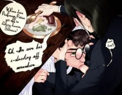 black_hair blowjob blowjob_under_table dialogue food fork gay glasses green_eyes gripping_hair harry_james_potter harry_potter offscreen_character severus_snape teacher_and_student