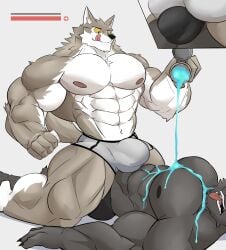 abs anthro ass big_bulge big_muscles big_pecs black_body brown_body bulge bulge_on_ass canid canine canis clothed clothing duo epic_games felid fortnite fur hi_res humanoid looking_at_another lying_on_ground male male/male mammal muscular muscular_anthro muscular_male nipples on_ground open_mouth oscar_(fortnite) pantherine pecs sitting_on_another smile tail tiger tongue tongue_out underwear wendell_(fortnite) wolf wolfblack43