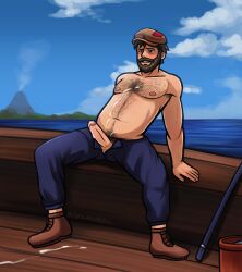 1boy 2021 bara beard blue_pants blush boat body_hair boots brown_hair chest_hair clothed clothed_male clouds cum cum_drip cum_dripping_from_penis cum_on_body cum_on_floor cum_string exposed_penis fishing gay hat leaning_back male male_only ocean ocean_background older_male open_mouth pants penis penis_out shirt_removed shirtless shirtless_male solo solo_male soupyeel stardew_valley thick_penis volcano willy_(stardew_valley) wooden_floor