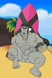 1boy 2019 abs absurd_res alolan_graveler anso/rez anthro anthrofied arm_hair ass beach biceps big_penis big_testicles chubby cloud eyebrows facial_hair feet goatee graveler half-erect hand_on_penis hi_res huge_penis humanoid humanoid_penis humanoidized jewelry male male_only mineral_fauna muscular muscular_male necklace nintendo nude outside palm_tree pecs penis pokémon_(species) pokemon pokemon_sm pokemorph rock sea seaside sideburns sitting sky smile soles solo spreading surfboard teeth testicles thick_eyebrows thick_thighs toes uncut video_games water yellow_eyes z-crystal