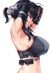 1girls armpits arms_behind_head artist_request black_hair breasts clothed from_side grace_howard huge_breasts large_breasts red_eyes solo stretching sweat upper_body zenless_zone_zero