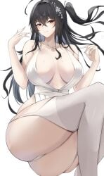 absurdres ass azur_lane black_hair breasts cleavage clothing_cutout dress female hair_between_eyes hair_ornament highres jewelry kuro_artis_(kuru-kuru) large_breasts long_hair official_alternate_costume red_eyes red_hair solo taihou_(azur_lane) taihou_(temptation_on_the_sea_breeze)_(azur_lane) thighhighs thighs very_long_hair wedding_dress white_dress white_thighhighs