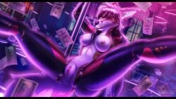 absurd_res anthro bar canid canine cybernetic_eye cybernetic_limb cybernetics cyberpunk dancing ember_river fox hi_res machine mammal money nayra_anderson neon_lights nude_anthro nude_female pole pole_dancing spread_legs spreading stripper_pole vulpkanin