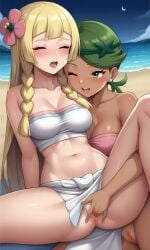 2girls aged_up ai_generated beach blonde_hair blush cleavage closed_eyes female female_only fingering fingering_from_behind green_eyes green_hair human large_breasts lillie_(pokemon) mallow_(pokemon) multiple_girls one_eye_closed open_mouth outdoors pokemon pussy_juice pussy_out vaginal_penetration yuri