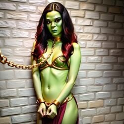 1girls ai_generated bare_midriff bare_shoulders bare_thighs belly_button black_eyes captured captured_heroine chains collar female female_only gamora gold_collar green_lips green_skin guardians_of_the_galaxy handcuffed marvel marvel_cinematic_universe marvel_comics naked naked_female princess_leia_organa_(cosplay) red_hair shackles slave_leia_(cosplay) solo_female star_wars