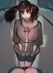 1futa autopaizuri autopaizuri_under_clothes cleavage cum dripping_cum female_pov futanari huge_cock kmaro penis_between_breasts pov precum red_streak shirt shorts twintails xray_view