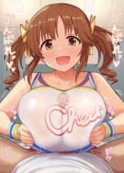 1boy 1girls bare_shoulders blunt_bangs blush bracelet breasts brown_eyes brown_hair cheerleader collarbone commentary_request erection eyebrows_hidden_by_hair hair_ribbon idolmaster idolmaster_cinderella_girls indoors jewelry large_breasts light-skinned_female light-skinned_male light_skin male_pov no_pants open_mouth paizuri paizuri_under_clothes penis penis_under_another's_clothes pov ribbon shirt sidelocks sleeveless smile spread_legs todokamen tongue totoki_airi translation_request twintails white_shirt yellow_ribbon