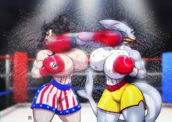 2girls american_flag_shorts animal_humanoid anthro ass big_ass big_breasts big_thighs boxing boxing_gloves boxing_ring breasts bust busty chest cross_counter curvaceous curvy curvy_figure digital_media_(artwork) duo female female_focus fight fighting_ring gabocaricaturas gloves hips hourglass_figure huge_ass huge_breasts huge_thighs human human/anthro humanoid large_ass large_breasts large_thighs legs light-skinned_female light_skin lips lipstick mature mature_female multiple_girls original original_character original_characters red_boxing_gloves red_gloves shark shark_girl shark_humanoid shark_tail slim_waist tail thick thick_hips thick_legs thick_thighs thighs topless topless_boxing voluptuous voluptuous_female waist wide_ass wide_hips wide_thighs