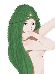 arm_up breast female green_hair ibara_shiozaki light-skinned_female light_skin long_hair looking_at_viewer my_hero_academia nipple shiozaki_ibara side_view sideboob small_breast solo standing vines