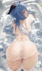 absurdres ass backboob bathing bathroom bathtub blue_hair breasts female from_behind ganyu_(genshin_impact) genshin_impact goat_horns haku89 highres horns in_bathtub indoors long_hair looking_at_viewer looking_back lying medium_breasts nude on_stomach open_mouth partially_submerged petals petals_on_liquid purple_eyes soap solo white_towel