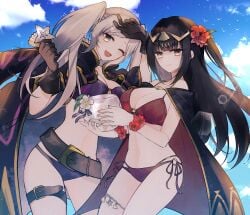 2girls alternate_costume belt bikini black_coat black_hair blue_sky blunt_bangs bracelet breasts brown_eyes brown_gloves cape cleavage cloud cloudy_sky coat cup female female_only fire_emblem fire_emblem_awakening fire_emblem_heroes flower gatona gloves grey_hair hair_flower hair_ornament hibiscus highres holding holding_cup jewelry large_breasts long_hair looking_at_viewer medium_breasts multiple_girls navel nintendo o-ring o-ring_bikini official_alternate_costume one_eye_closed purple_bikini purple_swimsuit red_bikini red_flower red_swimsuit robin_(female)_(fire_emblem) robin_(female)_(summer)_(fire_emblem) robin_(fire_emblem) robin_(fire_emblem)_(female) sky starfish sunlight swimsuit tharja_(fire_emblem) tharja_(summer)_(fire_emblem) thigh_strap tiara twintails