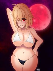 ahoge alternate_version_available arcueid_brunestud art_trade artist_signature background big_breasts bikini bikini_top blonde_hair blush breasts colored curvy curvy_figure huge_breasts large_boobs large_breasts melty_blood mini_bikini moon navel plump posing red_eyes red_moon sexy_pose short_hair theiransonic thick thick_thighs top_heavy tsukihime type-moon wide_hips