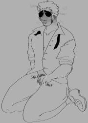 black_hair black_hair_male clothed clothed_male cuntboy dave_strider glasses homestuck intersex male male_focus masculine monochrome muttbotics shades short_hair short_hair_male sketch solo solo_male sunglasses