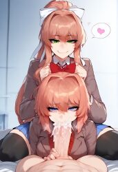 1boy 2girls ai ai_generated black_thighhighs blowjob blue_eyes blue_skirt cum doki_doki_literature_club green_eyes monika_(doki_doki_literature_club) sayori_(doki_doki_literature_club) tagme