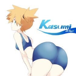 1girls ass bent_over big_ass blue_eyes breasts clothed female female_only ginger gym_leader human human_only kasumi_(pokemon) misty_(pokemon) misty_(pokemon_frlg) nintendo orange_hair pokemon pokemon_frlg pokemon_rgby short_orange_hair souji source_request swimsuit text thick_thighs watermark wide_hips