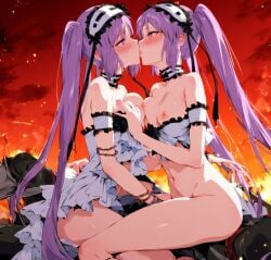 2girls ai_generated blush breast_press breasts_out euryale_(fate) facing_each_other fate/grand_order fate_(series) groping groping_breasts half_naked incest kissing maid_uniform pink_eyes pink_hair sisters sitting skinny small_breasts stheno_(fate) twincest yuri