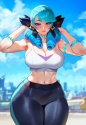 1girls ai_generated blue_eyes blue_hair city cityscape crop_top day female female_focus female_only gwen_(league_of_legends) gym_bottomwear gym_clothes gym_clothing gym_shirt gym_uniform hi_res hourglass_figure huge_breasts huge_thighs imminent_anal imminent_fellatio imminent_oral imminent_penetration imminent_sex imminent_vaginal large_breasts large_thighs league_of_legends leggings miyuai multicolored_eyes nai_diffusion outdoors presenting solo solo_female solo_focus sports_bra stable_diffusion thiccwithaq_(ai_style) thick thick_ass thick_hips thick_legs thick_thighs voluptuous voluptuous_female wide_hips yoga_pants