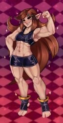 1female abs belly_button biceps black_sclera brown_hair charlotte elf elf_ears elf_female feet flexing gym_clothes long_hair midriff muscle muscle_girl muscles muscular muscular_female oc original original_character puff reliusmax sports_bra stirrup_socks strong toes