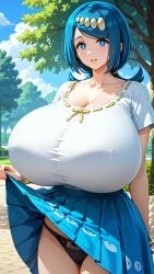 2024 ai_generated big_breasts blue_eyes blue_hair breasts cleavage_cutout clouds female heavy_breasts huge_breasts irls jiuyang-hsien lana's_mother_(pokemon) large_breasts light-skinned_female light_skin long_hair massive_breasts mature_female milf nintendo panties pokemon pokemon_(anime) pokemon_sm sky solo