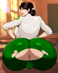 2d ass ass_focus back_view big_ass big_breasts big_butt black_hair bothered burmese burmese_teacher closed_eyes covered_pussy female female_focus female_only fully_clothed htetlin myanmar_(burma) oc on_table original_character ripped_clothing torn_clothes