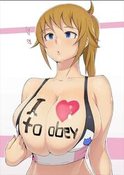 1girls ao_madou-shi big_breasts blonde_hair blue_eyes body_writing breasts breasts_out clothed english_text female female_only gundam gundam_build_fighters gundam_build_fighters_try half-closed_eyes heart hoshino_fumina huge_breasts human large_breasts text