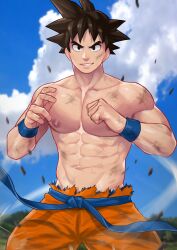 abs beefcake beefy black_eyes black_hair blue_belt blue_wristband clouds debris dirt_on_face dirty dragon_ball dragon_ball_z male_only maorenc muscular muscular_arms muscular_male orange_pants ripped_clothing ripped_pants sky smirk smirking smirking_at_viewer solo_male son_goku tree trees wind wristband wristbands