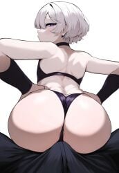 1boy ai_generated ass ass_focus bikini crossdressing femboy hands_on_hips huge_ass jonnyjonn looking_at_viewer looking_down_at_viewer novelai oc original_character pale_skin pov pov_crotch purple_eyes rubbing_penis smooch thanatos_(jonnyjonn) thong thong_over_anus white_hair